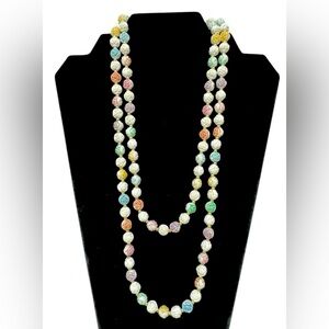 Celluloid 1940's Carved Roses Multi Color Flower & Gold Bead 22" Strand Necklace